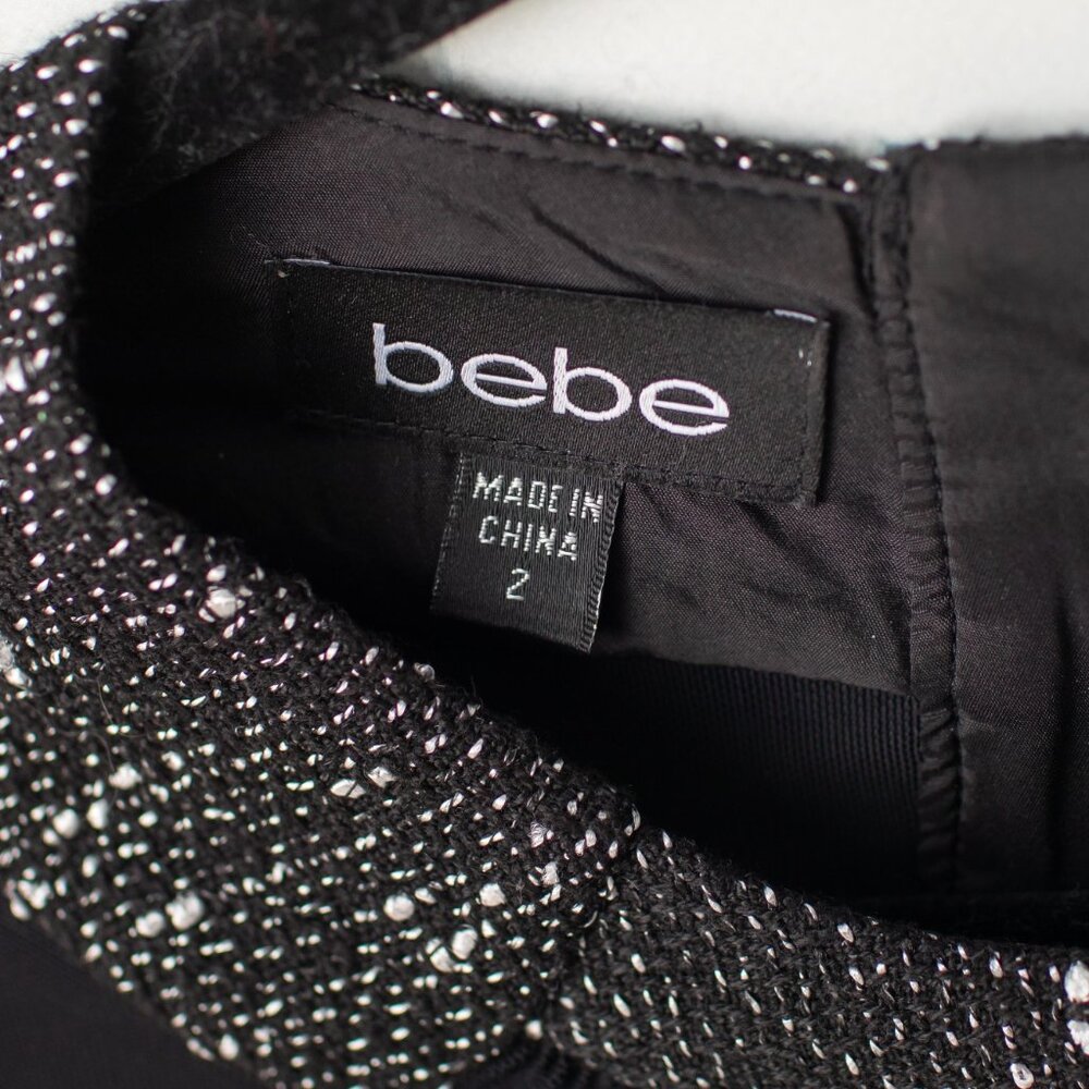 bebe Black Metallic Tweed Fit Flare Dress Size 2 Sleeveless Exposed Zip Fringe - Picture 4 of 9